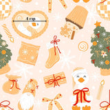 various Christmas-themed objects and decorations, including a heart-shaped cookie, a Christmas tree, a snowflake, a gingerbread man, a gift box, a gnome, a snowman, a candle, and a snowman.