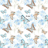 The image is a repeating pattern of blue and brown butterflies against a white background, with a measurement line indicating the size of the pattern.