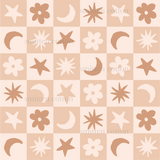 a brown and white pattern with stars and moon