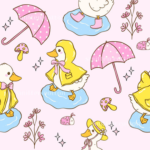 a repeating pattern of cartoon ducks wearing raincoats and carrying umbrellas, along with various other elements such as flowers, mushrooms, and ladybugs.