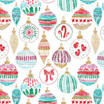 a variety of colorful Christmas ornaments, including baubles, baubles, and other festive decorations, arranged in a repeating pattern.