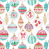 a variety of colorful Christmas ornaments, including baubles, baubles, and other festive decorations, arranged in a repeating pattern.