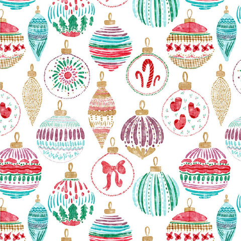 a variety of colorful Christmas ornaments, including baubles, baubles, and other festive decorations, arranged in a repeating pattern.