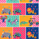 The image is a collage of various colorful and whimsical animal illustrations, including a rhinoceros, chameleon, lion, zebra, and other animals, all set against vibrant backgrounds with stars and stripes.