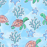 a repeating pattern of various sea creatures, including sea turtles, starfish, and coral, all depicted in a whimsical and colorful style.