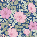 a repeating pattern of pink flowers with green leaves against a dark blue background.
