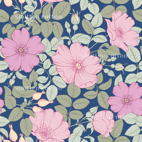 a repeating pattern of pink flowers with green leaves against a dark blue background.