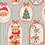 The image is a festive collage featuring various Christmas-themed illustrations, including Santa Claus, a teddy bear, a Christmas tree, and candy canes.