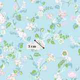 The image is a repeating pattern of pink and white flowers and leaves against a light blue background.