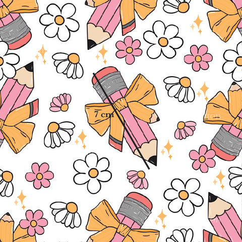 a pattern of pencils and flowers on a white background