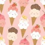 a pink background with ice cream cones and a strawberry