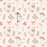 a repeating pattern of white ducks with bows on their heads, along with various other birds, flowers, and leaves in shades of pink, green, and blue. The pattern is composed of multiple smaller images, creating a visually cohesive and charming design.