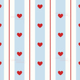 a repeating pattern of red hearts on a light blue background with white vertical stripes.
