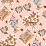 a repeating pattern of various objects, including roller skates, sunglasses, a heart-shaped ice cream cone, a cassette tape, and a heart-shaped ice cream cone, all set against a pink background with stars.