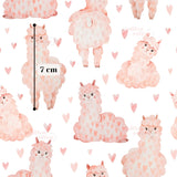 a repeating pattern of pink llamas, each varying in size and position. The llamas are surrounded by hearts, creating a whimsical and playful atmosphere. The image is a collage of multiple smaller images, and the text "7 cm" is visible, indicating the size of the llamas in relation to the frame.