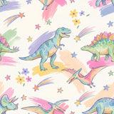 The image is a vibrant and whimsical pattern featuring various dinosaurs, including a T-Rex, Stegosaurus, Velociraptor, Triceratops, and Pterodactyl, along with colorful stars, flowers, and other natural elements. The overall design is playful and imaginative, with the dinosaurs and their surroundings creating a sense of movement and energy.