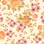 The image is a repeating pattern of orange and pink flowers with green leaves, and there is a line of text indicating the size of the flowers in the center of the image.