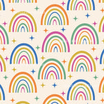 a repeating pattern of colorful rainbows and stars on a light background.