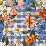 The image is a vibrant and colorful floral pattern with various types of flowers, including daisies, roses, and other blooms, set against a blue and white checkered background.
