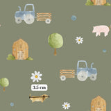 various farm-themed illustrations, including a blue tractor, a pink pig, a brown barn, and a white daisy. The image also includes a scale for size reference, with the text "3.5 cm" indicating the measurement.