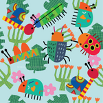 a pattern of bugs and cactuses on a blue background