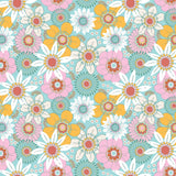 The image is a repeating pattern of colorful flowers in various shades of pink, orange, yellow, and white against a light blue background.