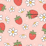 a pattern of strawberries and daisies on a pink background