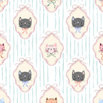 The image is a repeating pattern of framed cat illustrations, each with a bow around its neck, set against a striped background.