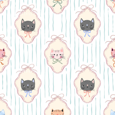 The image is a repeating pattern of framed cat illustrations, each with a bow around its neck, set against a striped background.