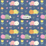 a repeating pattern of colorful cartoon-style insects, including ladybugs, bees, and butterflies, against a blue background with flowers and hearts. The pattern is visually engaging and playful, with the insects and flowers arranged in a grid-like fashion.