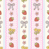 The image is a repeating pattern of pink and white checkered borders, adorned with various flowers, strawberries, and bows.