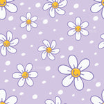 a pattern of white and yellow flowers on a purple background