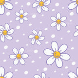 a pattern of white and yellow flowers on a purple background