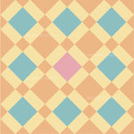 an orange and green checkered background with a pink square