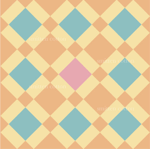 an orange and green checkered background with a pink square