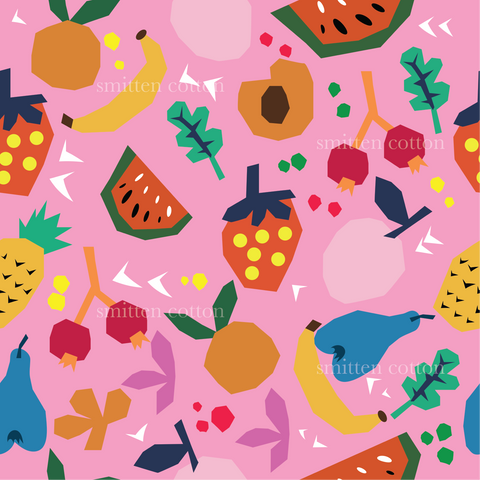 a pattern of fruits and vegetables on a pink background