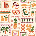 a pattern of fruit and vegetables on a white background