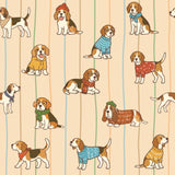 a repeating pattern of various cartoon-style beagle dogs wearing different outfits, such as sweaters and hats, against a striped background.