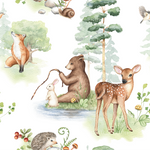 a watercolor painting of a forest scene with animals