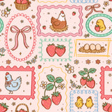 The image is a seamless pattern featuring various elements such as strawberries, chickens, eggs, and bows. The overall color scheme is pastel, with pink, green, and yellow accents. The pattern includes a variety of shapes and objects, such as circles, rectangles, and ovals, as well as illustrations of chickens, strawberries, and eggs. The image is a collage of multiple smaller images, creating a visually appealing and playful composition.