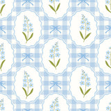 a repeating pattern of blue and white checkered frames, each containing a small blue flower and a blue ribbon bow.