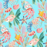 The image is a vibrant and colorful pattern featuring various marine life, including fish, crabs, and other sea creatures, set against a bright blue background.