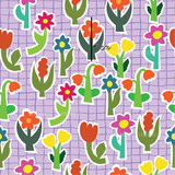 a pattern of flowers and plants on a purple background