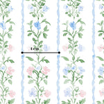 a repeating pattern of blue and pink flowers on a white background, with a ruler indicating the width of the pattern is 4 centimeters.