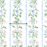a repeating pattern of blue and pink flowers on a white background, with a ruler indicating the width of the pattern is 4 centimeters.