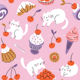 The image is a repeating pattern of various desserts and fruits, including cherries, ice cream, and pastries, all set against a pink background.