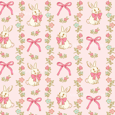 a repeating pattern of pink rabbits with bows and flowers on a pink background.