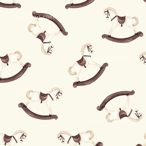 a repeating pattern of brown wooden rocking horses on a white background.
