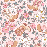 a repeating pattern of cowboy boots and flowers in shades of pink, white, and green against a light pink background.