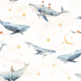 The image is a repeating pattern of illustrations depicting children riding on the backs of various sea creatures, such as whales and dolphins, against a starry night sky background.